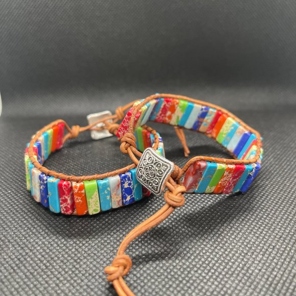 Set Of 2  7 Chakra Bracelets with Real Stones Leather Wrap Healing Bead Bracelet - Picture 4 of 4